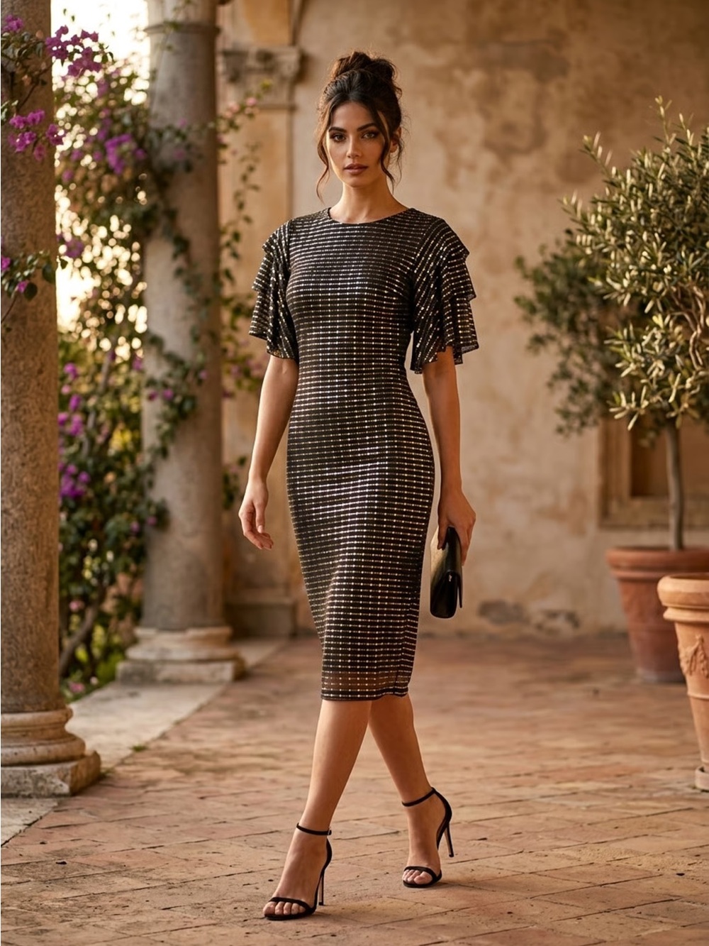 LOVE UNIVERSITY | Black & Gold Metallic Flutter Sleeves Midi Dress Sz M